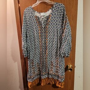 Skies Are Blue Size Large Long Sleeve Geometric Print Dress